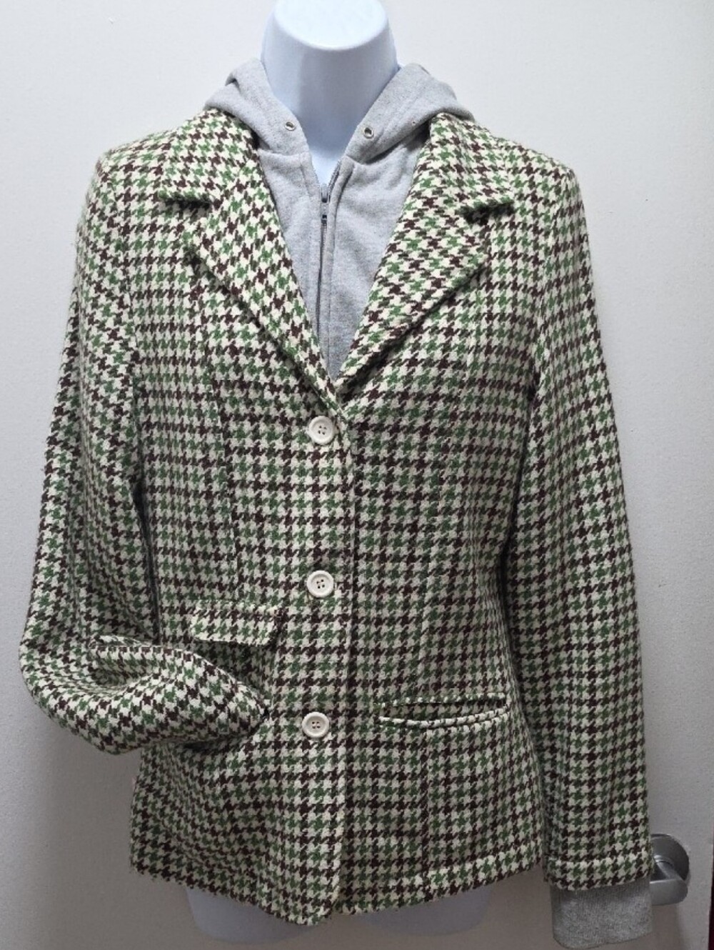 2005 Like NEW Wool Houndstooth 3 Butto Blazer Jacket Layered Hooded Sweatshirt
